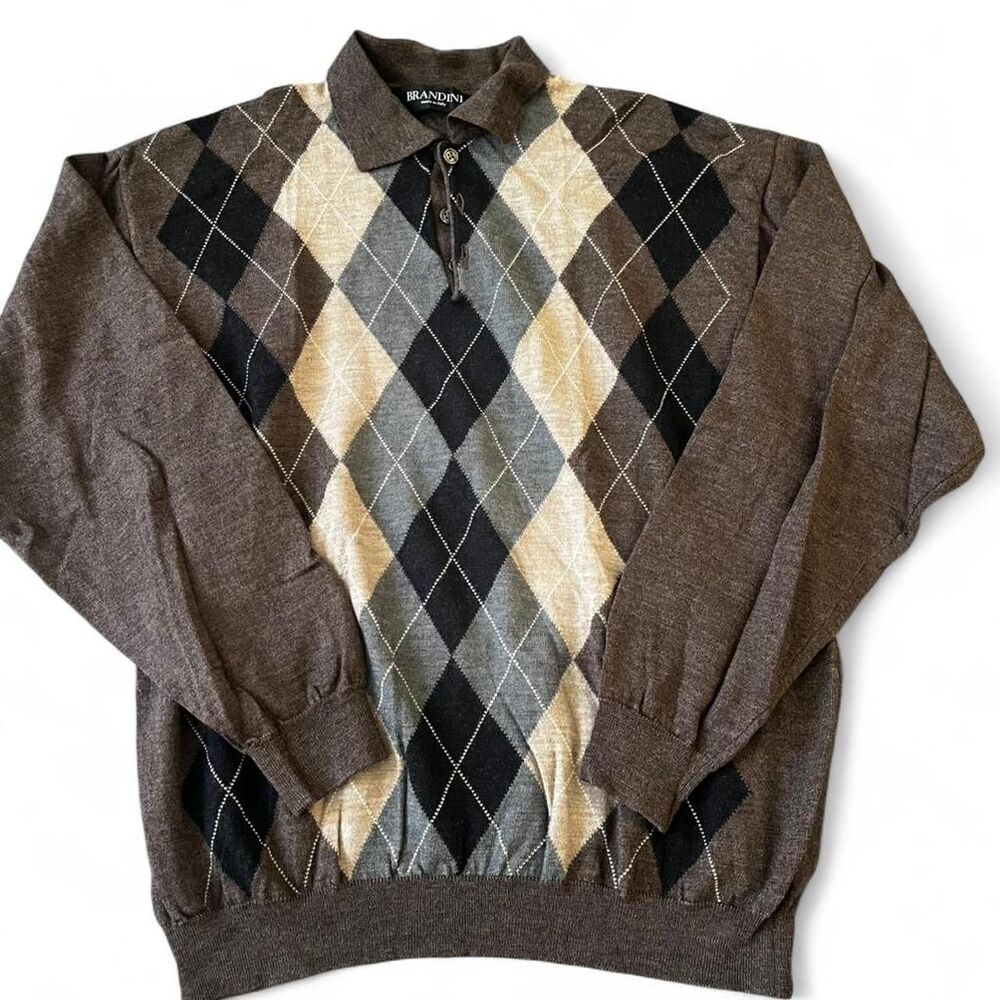 Vintage Fine Wool Brown Argyle Polo Sweater Brandini Men’s XL Made in Italy